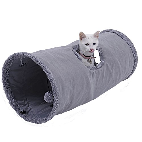 OHANA Juguete Plegable túnel de Gato en Gamuza, Gran túnel para Gato de Interior Conejos con 2 Agujeros y Bola suspendida Dia30 * 67 cm