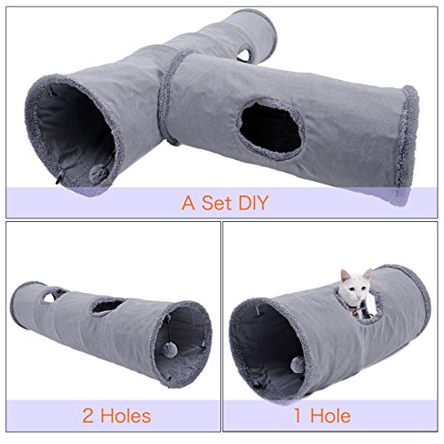 OHANA Juguete Plegable túnel de Gato en Gamuza, Gran túnel para Gato de Interior Conejos con 2 Agujeros y Bola suspendida Dia30 * 67 cm