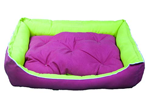 Palets Talavera SL  - Cama para Perros y Gatos, Sofá para Perros/Gatos, Cesta para Perros/Gatos con Cojín de Color Fucsia y Verde Extraíble y Reversible - Medida: 85 * 65 * 25 cm (L)