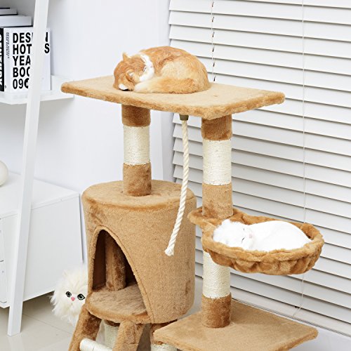 Pawhut Árbol para Gatos Rascador con Nido Plataforma Caseta Escalera Cuerda de Juego 30x55x96cm Tablero de Madera y Cubierto de Felpa Marrón