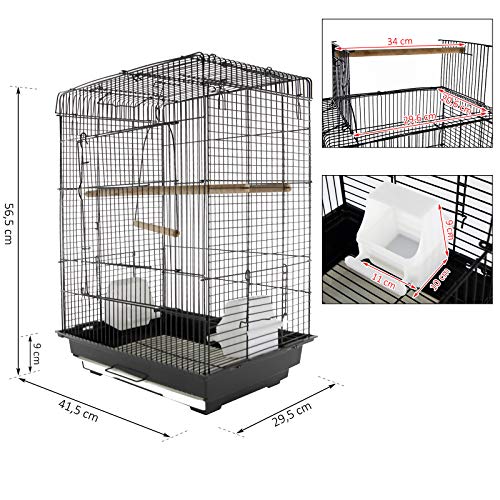 Pawhut Jaula para Pájaro Espaciosa Jaula de Aves con Techo Abierto con 4 Soportes 2 Comederos para Interior o Exterior 41.5x29.5x56.5cm