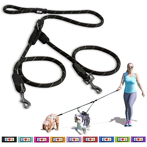 Pawtitas Correa Doble para Perros Reflectante y antitirones | Correa para Perros para Correr | Doble Correa para Perros Ideal para Llevar Dos Perros | Correa para Llevar Dos Perros M/L Color Negro