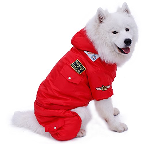 PAWZ Road Invierno Calentar Abrigo de Perro A Prueba de Viento Chaqueta USA Fuerza Aerea Sudadera con Capucha para Mascotas Ropa Perrito 4 piernas Traje de Esquiar Vestir Disfraz Rojo XL