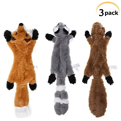 PDTO Juguete para perro sin relleno, juego de juguetes para masticar con ardilla mapache y zorro de peluche para perros pequeños y medianos, 3 paquetes, 46 cm