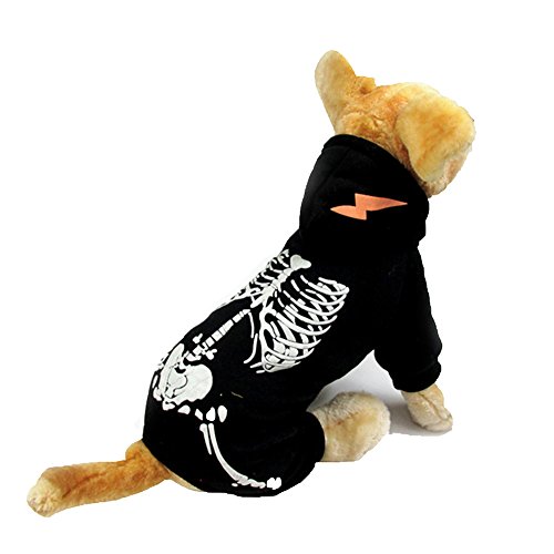 Perro Luminoso Esqueleto Año nuevo Navidad Víspera de Todos los Santos Suéter Capucha Al aire libre camiseta Osito de peluche Capa 5 Tamaños (M, Negro)