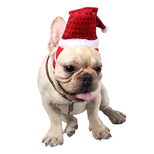 Perros de Navidad con Lentejuelas Sombrero, Ajustable Santa Claus Tocado Año Nuevo Casquillo Rojo de Cosplay del Partido al Aire Libre Festival Accesorios Diademas con Brillo Puntos