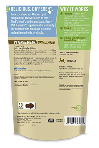 Pet Naturals of Vermont – Calmante para Gatos, suplemento de Apoyo para el Comportamiento, 30 masticadores de tamaño mordido