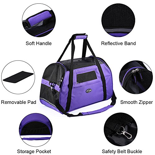 Petcomer Transportín para Perros Y Gatos Portador del Mascota Bolsa de Malla Transpirable de Viaje Bolso de Hombro (Morado, L 48x25x33cm)