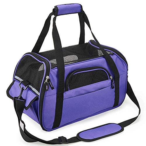 Petcomer Transportín para Perros Y Gatos Portador del Mascota Bolsa de Malla Transpirable de Viaje Bolso de Hombro (Morado, L 48x25x33cm)