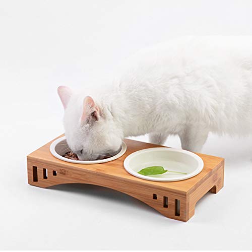 PETCUTE Comederos para Gatos comedero Gato de Madera Comedero de Ceramic para Gato Alto Elevado