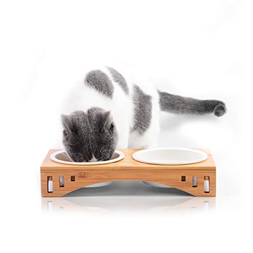 PETCUTE Comederos para Gatos comedero Gato de Madera Comedero de Ceramic para Gato Alto Elevado