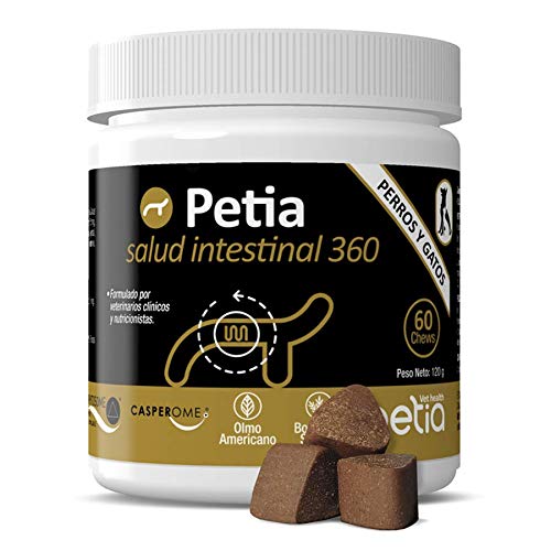 Petia Vet Health Salud INTESTINAL 360. Masticables con Sabor a Pato. Fosfolípido de Boswellia serrata (CASPEROME by Indena), Olmo Americano, Glyzyrrhiza glabra, Pep Zin GI. 60 Chews