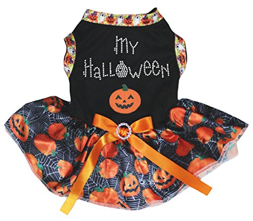 Petitebelle cachorro ropa perro vestido mi tutú de Halloween, calabaza y negro Top