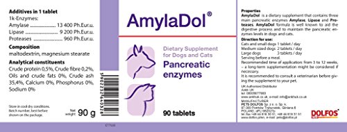 PETS Dolfos AmylaDol 90 Tabletas Enzimas Pancreáticas/Digestivas Amilasa, Lipasa y Proteasas para Gatos y Perros Ayuda Digestiva