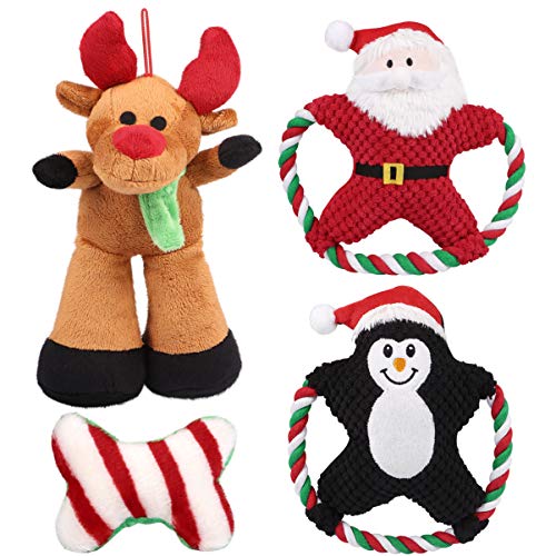 POPETPOP 4 Piezas Perro de Juguete de Navidad Juguetes para Perros Juego de Juguete Masticable Chirriante para Mascotas para Cachorros Perros Pequeños/Medianos