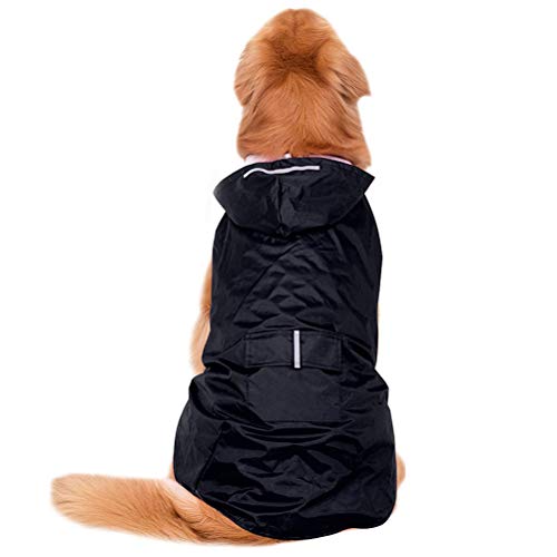 POPETPOP Chubasquero con Capucha para Perros Medianos y Grandes, Sudaderas Impermeable, Agujero para Arnés, Tira Reflectante, Bolsillos (Negro, 3XL)