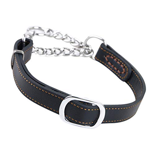 POPETPOP Collar para Perro de Cuero Ajustable con Cadena de Acero Inoxidable para Entrenamiento Adiestramiento de Mascotas Grande y Medianos 35-48 cm