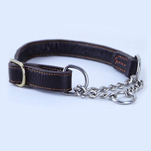 POPETPOP Collar para Perro de Cuero Ajustable con Cadena de Acero Inoxidable para Entrenamiento Adiestramiento de Mascotas Grande y Medianos 35-48 cm