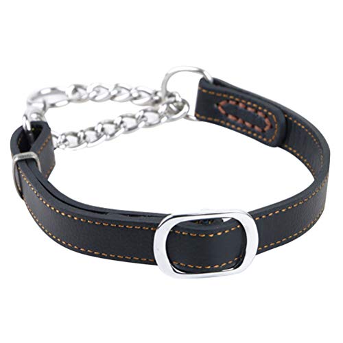 POPETPOP Collar para Perro de Cuero Ajustable con Cadena de Acero Inoxidable para Entrenamiento Adiestramiento de Mascotas Grande y Medianos 35-48 cm