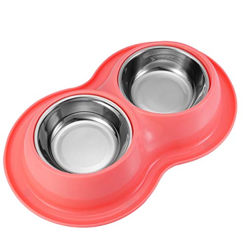 POPETPOP Tazón Doble para Mascotas con Alfombrilla Antideslizante Comedero para Perros de Acero Inoxidable Alimentador para Gatos Circular Anti-Hormiga (Color Aleatorio)