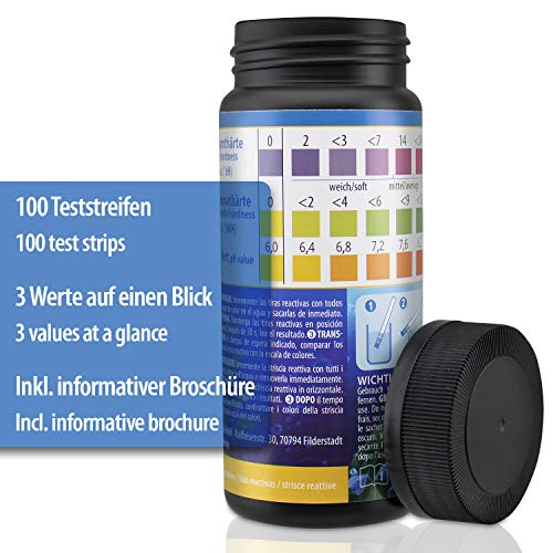 Prueba Base para Comprobar la Calidad de Agua de un Acuario - Muestra 3 valores - Pack de 100 Tiras en un Bote