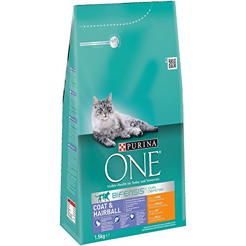 PURINA ONE Bifensis Pienso para Gatos Cuidado de Pelaje y Bolas de Pelo Pollo y Cereales 6 x 1,5 Kg