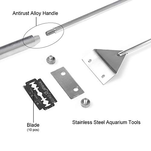 QYOnline Rascador de Algas de 63,5 cm, Acero Inoxidable, Cuchilla de Limpieza de algea, Cuchillas de Afeitar, 10 Cuchillas, Kit de Herramientas de Limpieza de Cristal, Acuario, pecera