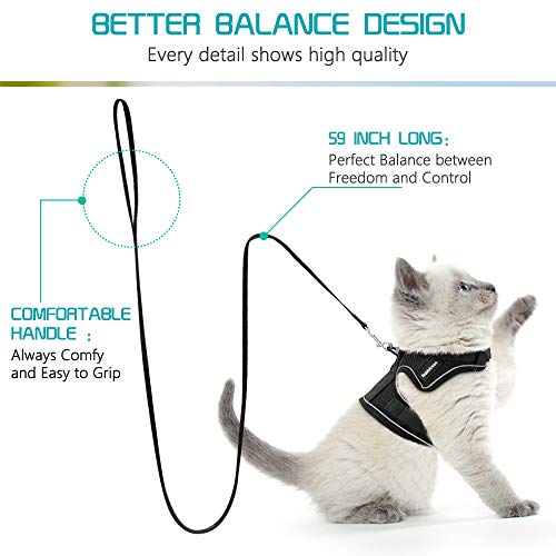 rabbitgoo Arnes para Gatos y Correa 150cm Chaleco Ajustable Reflectante Cómodo Material con 2 Velcros para Fácil de Poner y Quitar para Paseo Diario Arnes para Perro Pequeño Conejos Gatos M Negro