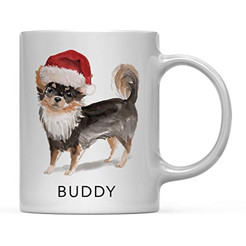 Rael Esthe Regalo Personalizado de Taza de café para Perro, Chihuahua de Pelo Largo con Gorro de Papá Noel, Paquete de 1, Nombre Personalizado para Mascotas, para él, su Perro, mamá, famili