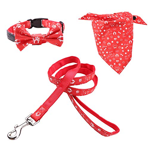 Rayzm Collar de Algodón/Correa y Pañuelo Set de 3PC para Perros Pequeños, Collar con Pajarita Extraíble, Bandana de Cuello Ajustable para Perros, Gatos y Mascotas（S）