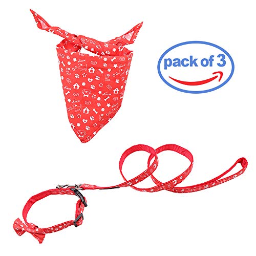 Rayzm Collar de Algodón/Correa y Pañuelo Set de 3PC para Perros Pequeños, Collar con Pajarita Extraíble, Bandana de Cuello Ajustable para Perros, Gatos y Mascotas（S）