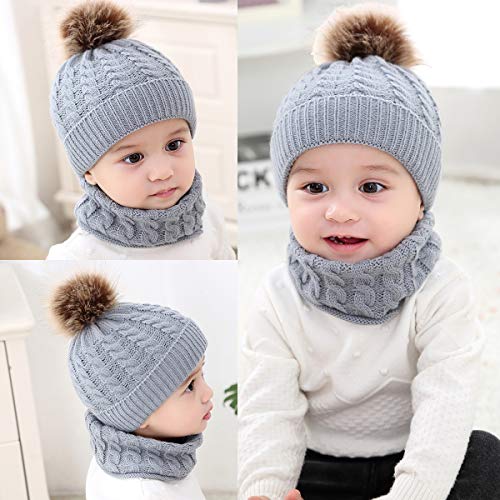 Rehomy 2Pcs Bufanda de Gorro de Punto para Niños Pequeños Gorro de Invierno Cálido con Bufanda de Bucle Circular para 0-2 Años de Edad Niña Niño Bebé