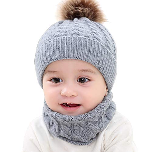 Rehomy 2Pcs Bufanda de Gorro de Punto para Niños Pequeños Gorro de Invierno Cálido con Bufanda de Bucle Circular para 0-2 Años de Edad Niña Niño Bebé