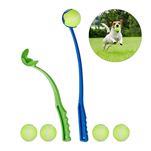 Relaxdays Lanzador Pelotas, Juego de 2 Unidades con 5 Bolas, Juguete Perros, Plástico, Azul y Verde