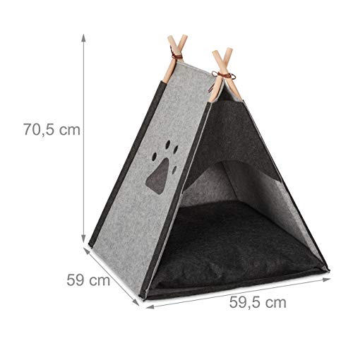 Relaxdays Tipi para Perros, Casita, Cama Gato, Tienda, Cojín, 1 Ud, Fieltro-Madera, 70,5 x 59,5 x 59 cm, Gris Claro