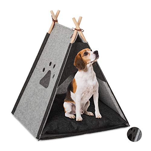 Relaxdays Tipi para Perros, Casita, Cama Gato, Tienda, Cojín, 1 Ud, Fieltro-Madera, 70,5 x 59,5 x 59 cm, Gris Claro