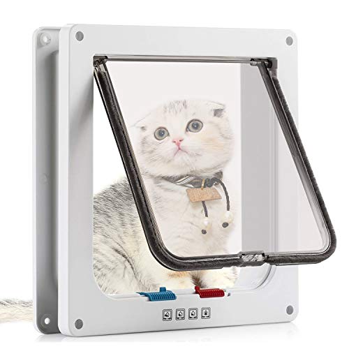 Sailnovo Puerta para Gato con Cierre magnético de 4 vías, Puerta para Mascotas para Gatos y Perros pequeños, Puerta para Gatos con túnel, M Blanco 16 x 15.7 x 5.5 cm