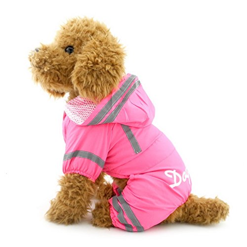 SELMAI Impermeable Impermeable Pet Rainwear Ropa para Perros pequeños con Capucha Malla Forrado Suave y Ligero Puppy Rain Poncho Jacket Mono con Franja Rosa S