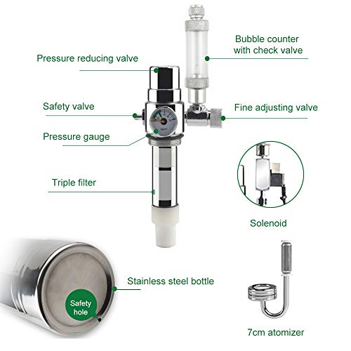 Sistema generador de CO2 Carbono, 2L Kit de Sistema de generador de CO2 Acuario Cilindro de Acero Inoxidable de CO2 con válvula solenoide Atomizador Reactor de dióxido de Carbono para Acuario