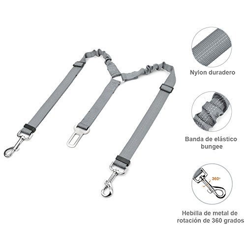 SlowTon Dog Dog Doble cinturón de Seguridad con Correa, sin enredo Pet Correa elástica Ajustable Tira Reflectante cinturón de Seguridad (Gris, Cinturón de Seguridad Doble del Perro)