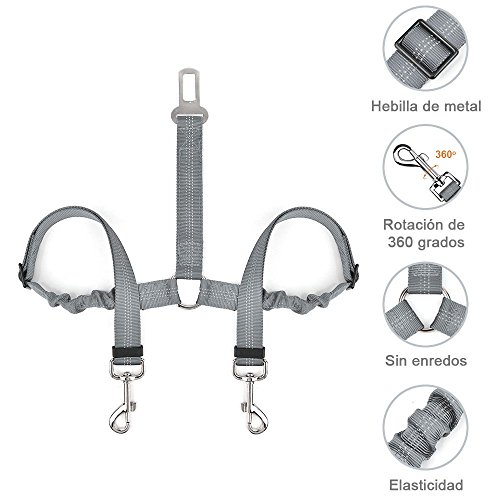 SlowTon Dog Dog Doble cinturón de Seguridad con Correa, sin enredo Pet Correa elástica Ajustable Tira Reflectante cinturón de Seguridad (Gris, Cinturón de Seguridad Doble del Perro)