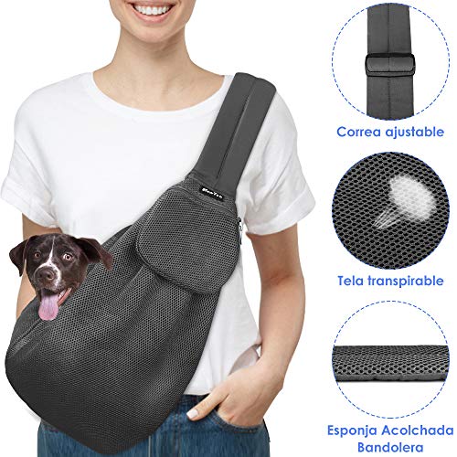 SlowTon Transportín para Perros Pet Carrier Dog Cat Hand Sling Carrier Bandolera Correa de Hombro Acolchada Ajustable Tote Bag con Bolsillo Delantero Outdoor Travel Puppy Carrier (Malla Gris)