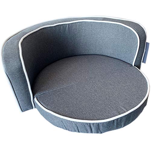 Sofá redondo para perros, elegante en color gris. Superficie de descanso redonda plegable (extraíble) de 60 cm de diámetro. Estructura de marco de madera estable de 77 x 37 cm.