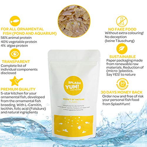 SplashYum! Escamas alimento para Peces básico para Todos los Peces Ornamentales et estanques de acuarios con L-carnitina, lecitina, ácido fólico, para Peces Gato Diskus Guppy Platy Cichlids Malawi