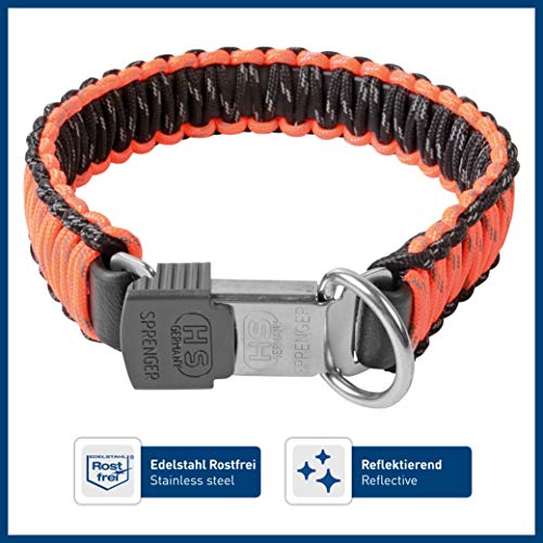 SPRENGER Collar para Perro Nylon Resistente Paracord con Cierre Clic Lock de Acero Inoxidable Collar Repelente al Agua, Reflectante, Duradero 45 cm, Naranja