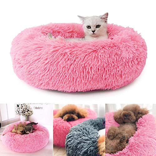 STARPIA Cama de Felpa para Mascotas Perros Gatos, Cama Calmante Redonda, Cojín Suave Cómodo Lavable para Gatos y Perros Pequeños y Medianos (50cm, Rosa)