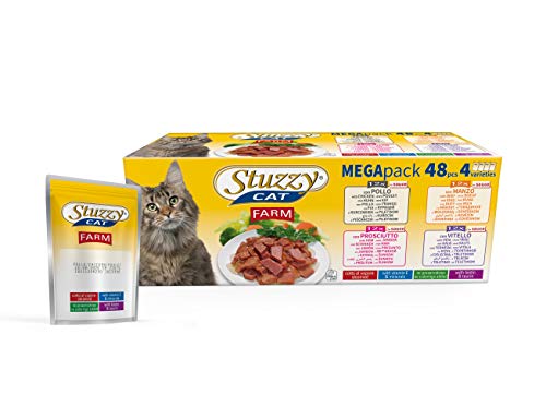 Stuzzy, Comida húmeda para Gatos Adultos, Varios sabores, Nuggets en Salsa - Total 4,8 kg (48 Sobres x 100 gr: 12 Pollo; 12 Buey; 12 jamón; 12 Ternera)