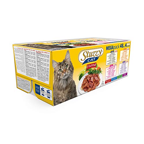 Stuzzy, Comida húmeda para Gatos Adultos, Varios sabores, Nuggets en Salsa - Total 4,8 kg (48 Sobres x 100 gr: 12 Pollo; 12 Buey; 12 jamón; 12 Ternera)