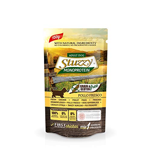 Stuzzy, Monoprotein Grain & Gluten Free, Comida húmeda para Perros Adultos, Sabor Pollo Fresco, en paté - Total 1,8 kg (12 Sobres x 150 gr)