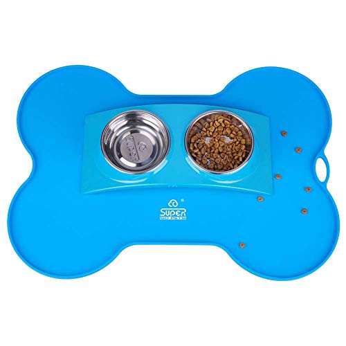 Super Design Tapete para comedero Perro de Silicona, Estera Comida en Forma Hueso Alfombrilla Antideslizante Impermeable para Perro Tapete para Comer Perro Gato